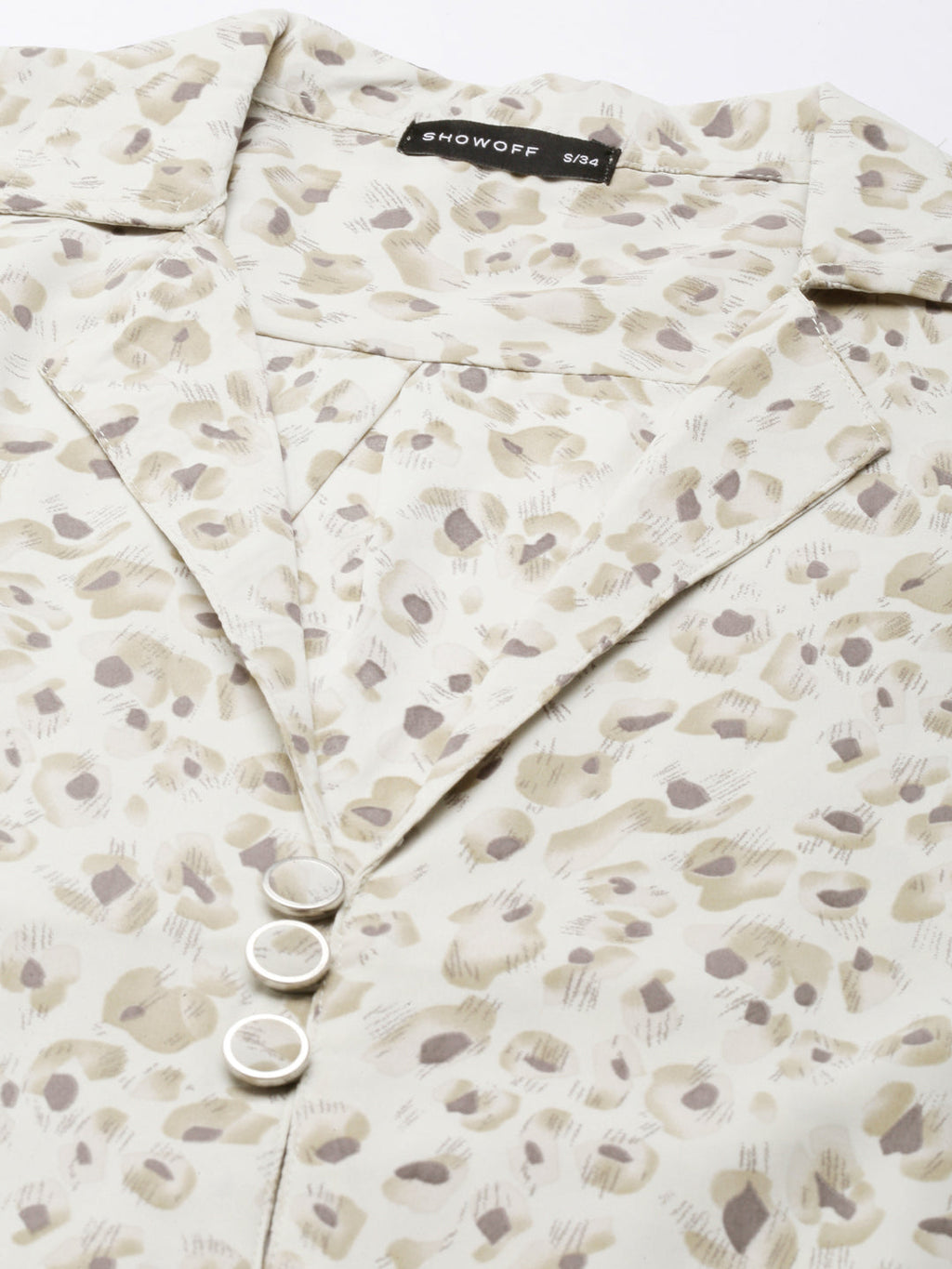 Women's Off White Abstract Printed Puffed Sleeves Tie-Ups Shirt Style Crop Top