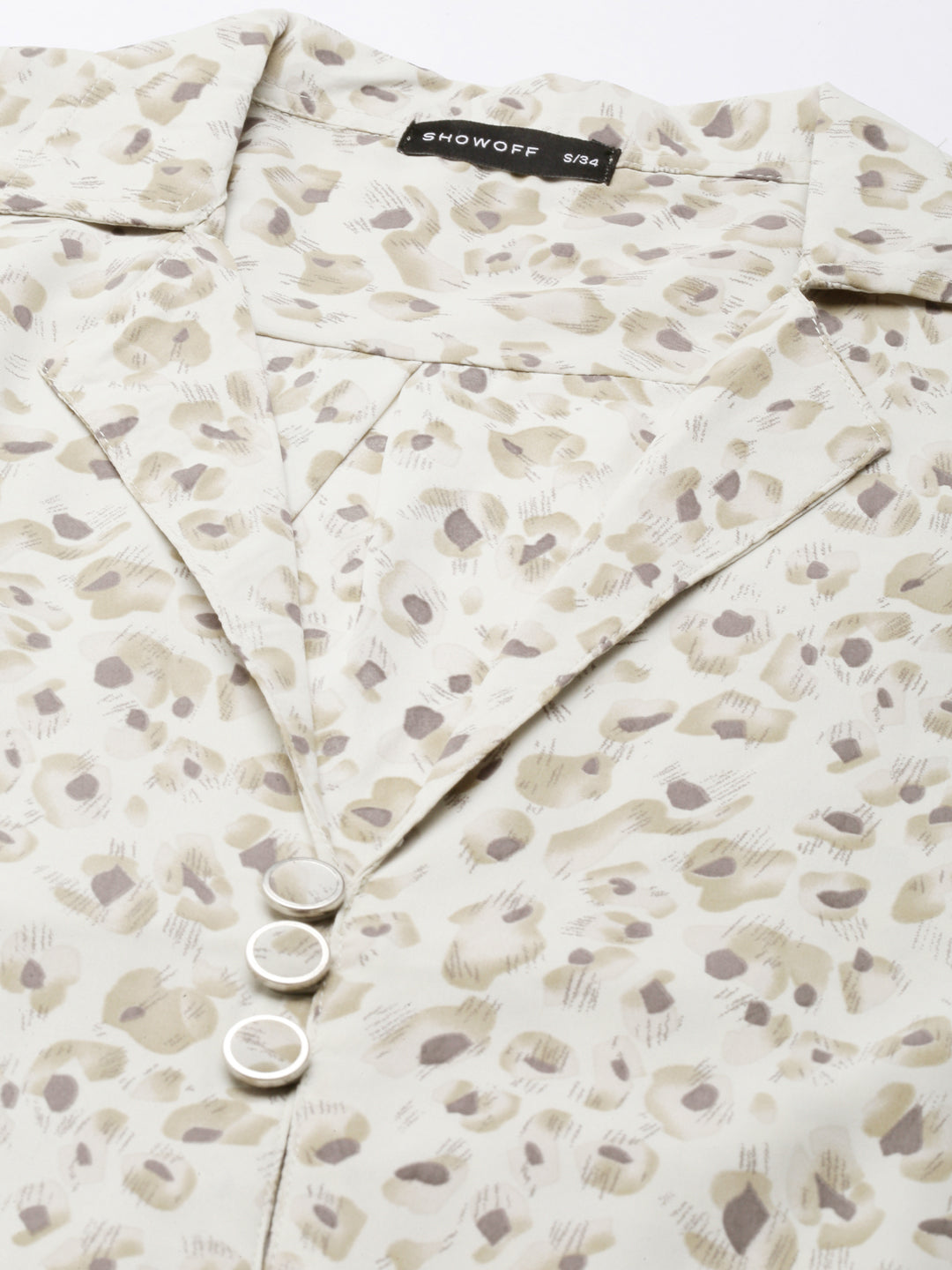 Women's Off White Abstract Printed Puffed Sleeves Tie-Ups Shirt Style Crop Top