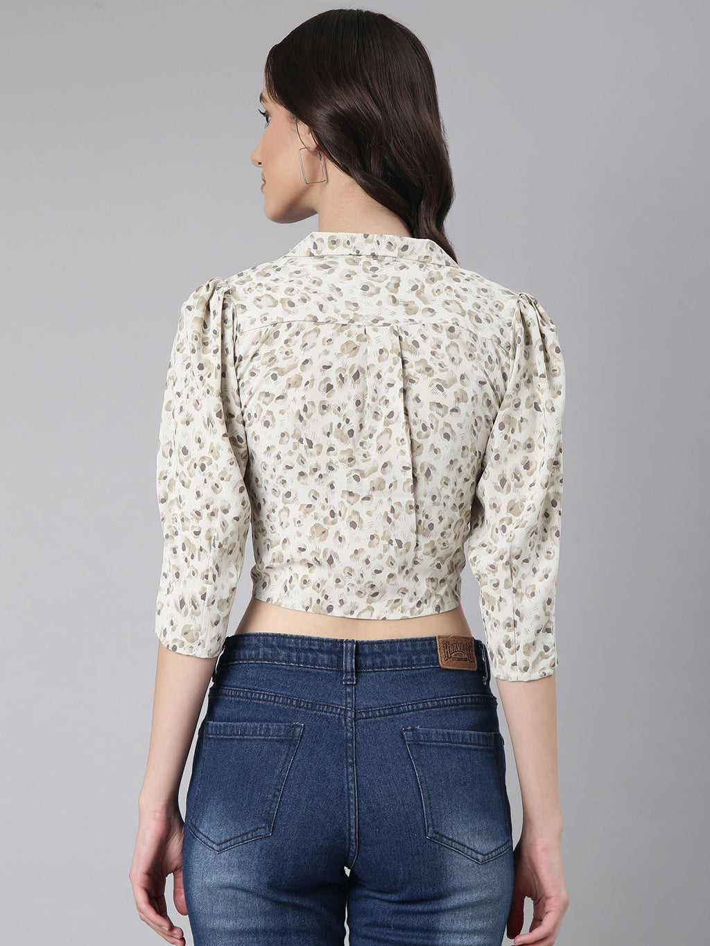 Women's Off White Abstract Printed Puffed Sleeves Tie-Ups Shirt Style Crop Top