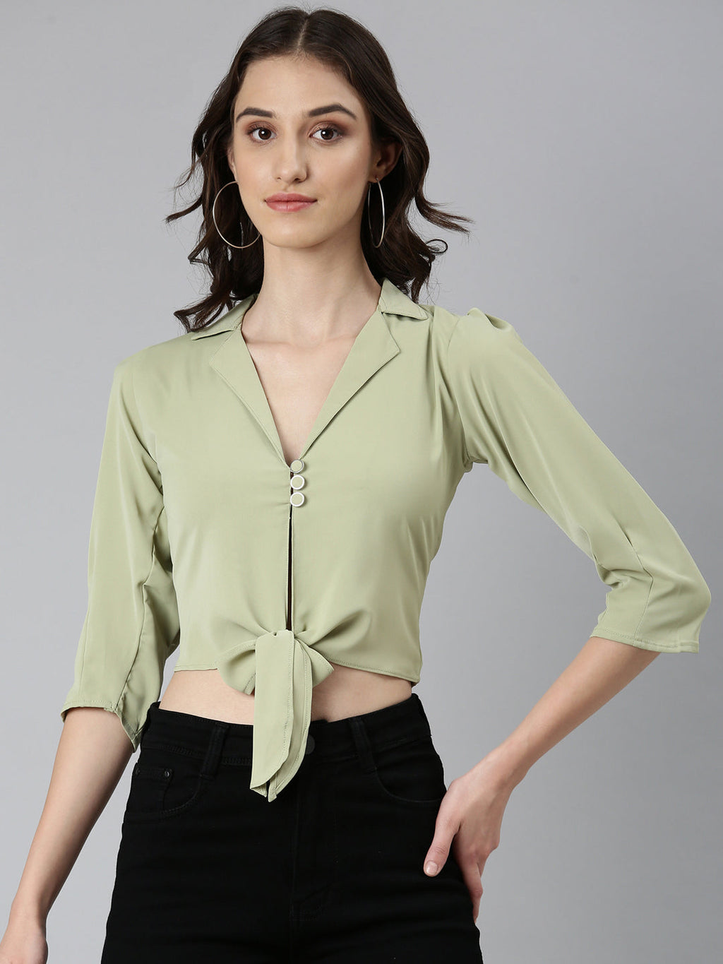 Women's Olive Puffed Sleeves Tie-Ups Shirt Style Crop Top