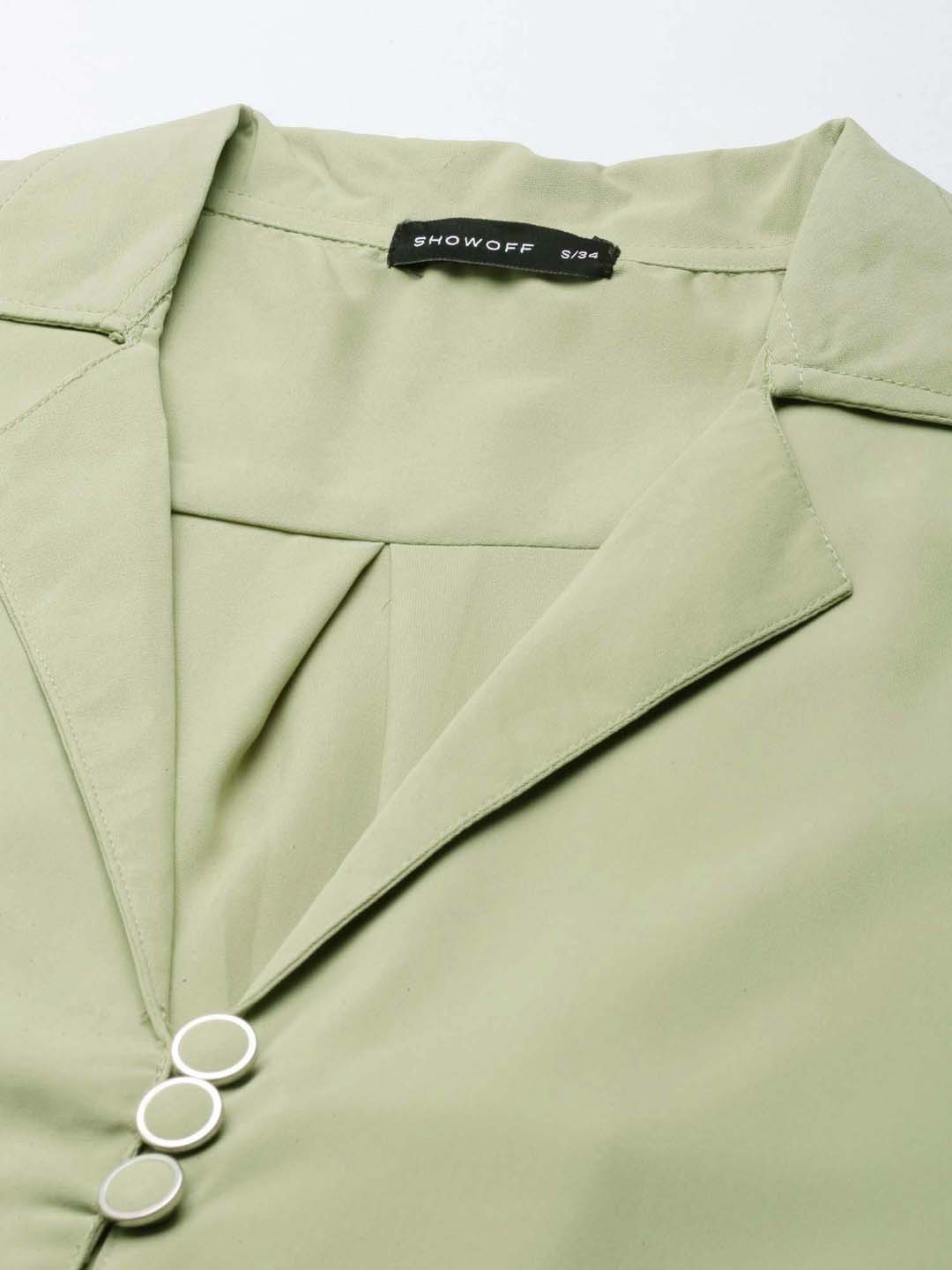 Women's Olive Puffed Sleeves Tie-Ups Shirt Style Crop Top