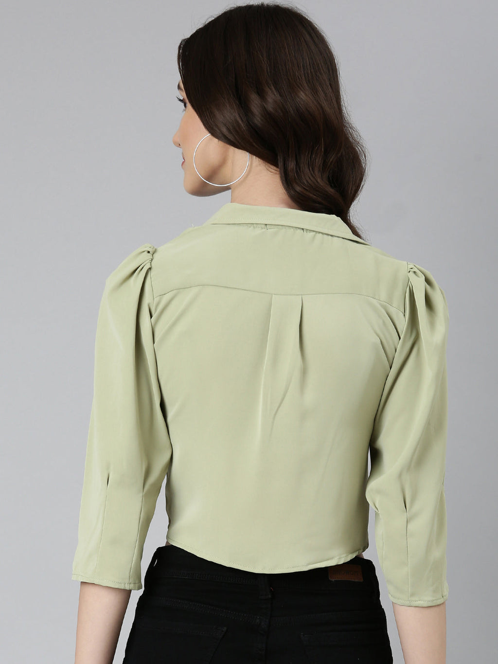 Women's Olive Puffed Sleeves Tie-Ups Shirt Style Crop Top