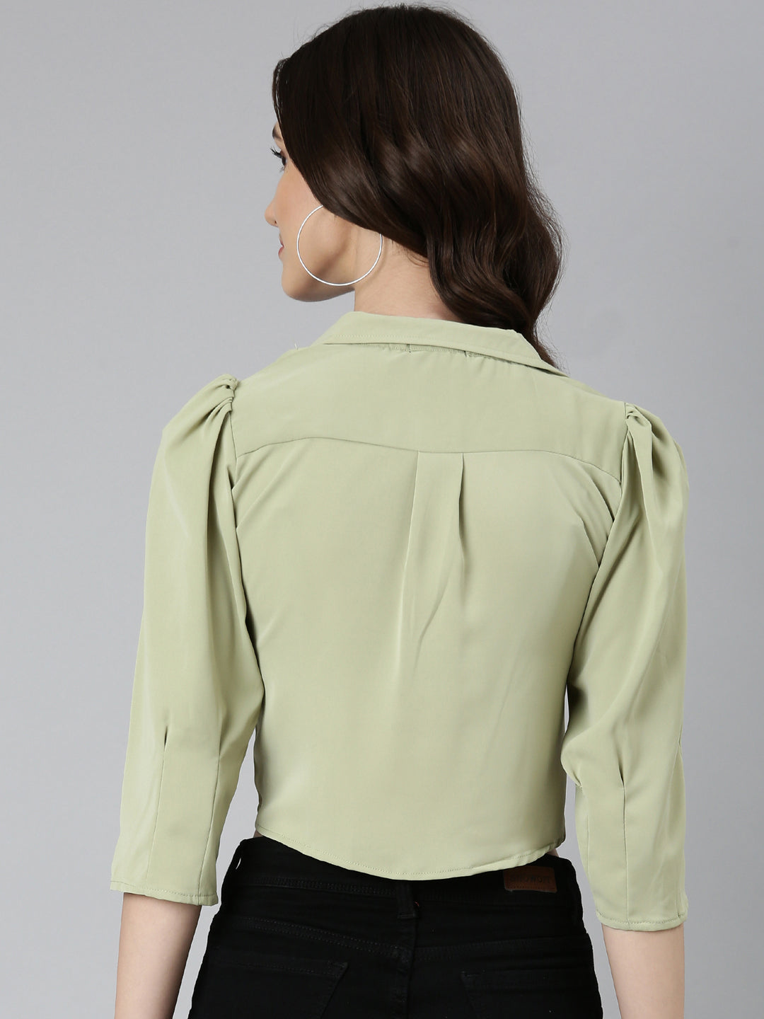 Women's Olive Puffed Sleeves Tie-Ups Shirt Style Crop Top