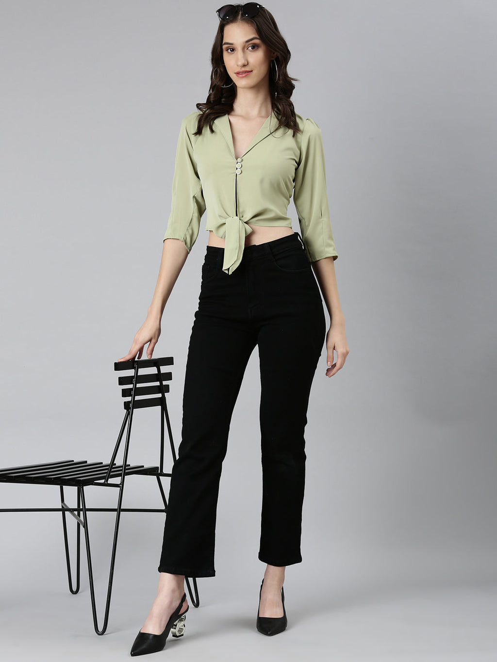 Women's Olive Puffed Sleeves Tie-Ups Shirt Style Crop Top