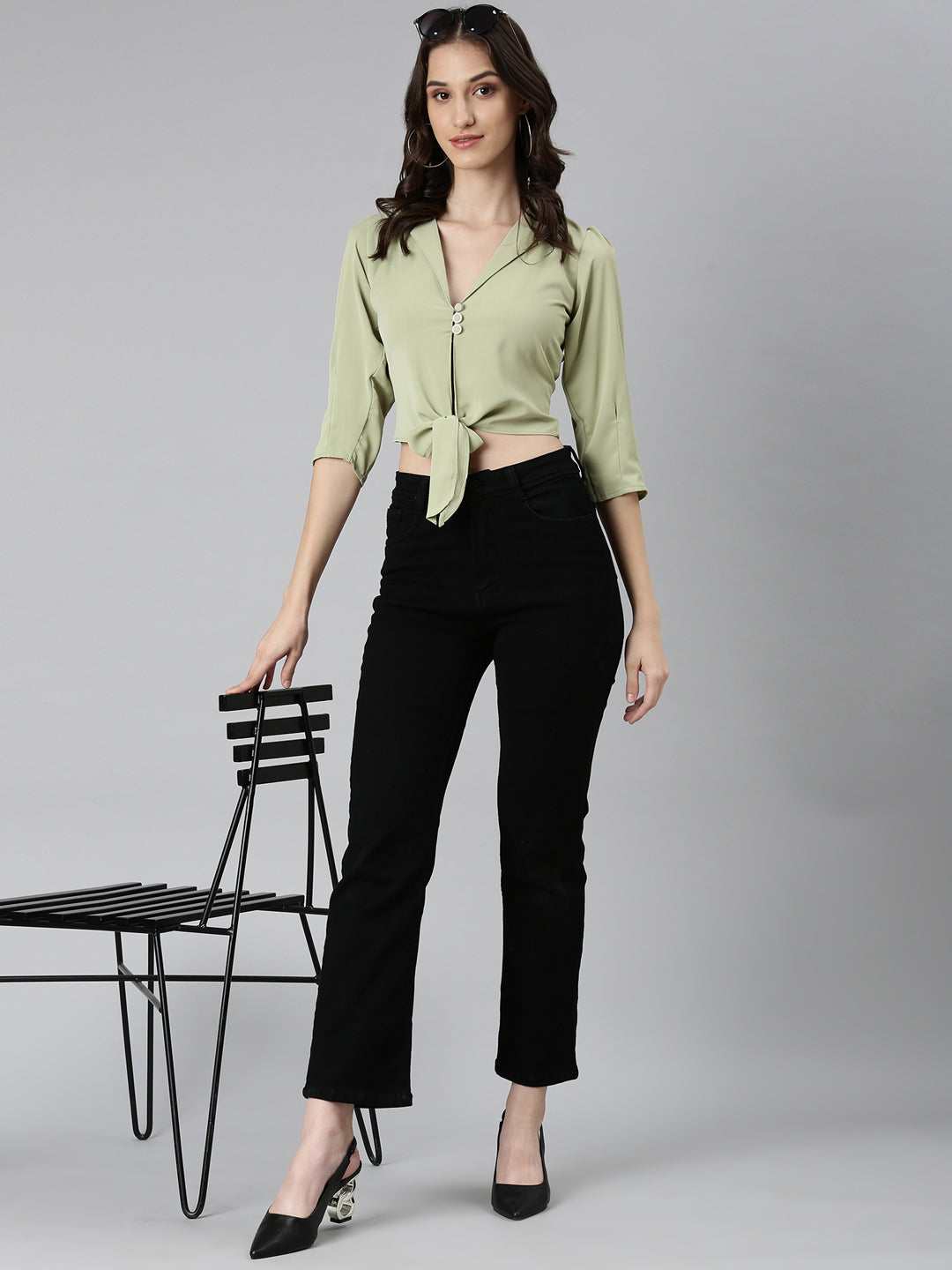 Women's Olive Puffed Sleeves Tie-Ups Shirt Style Crop Top
