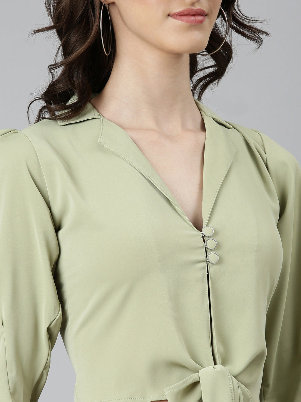 Women's Olive Puffed Sleeves Tie-Ups Shirt Style Crop Top