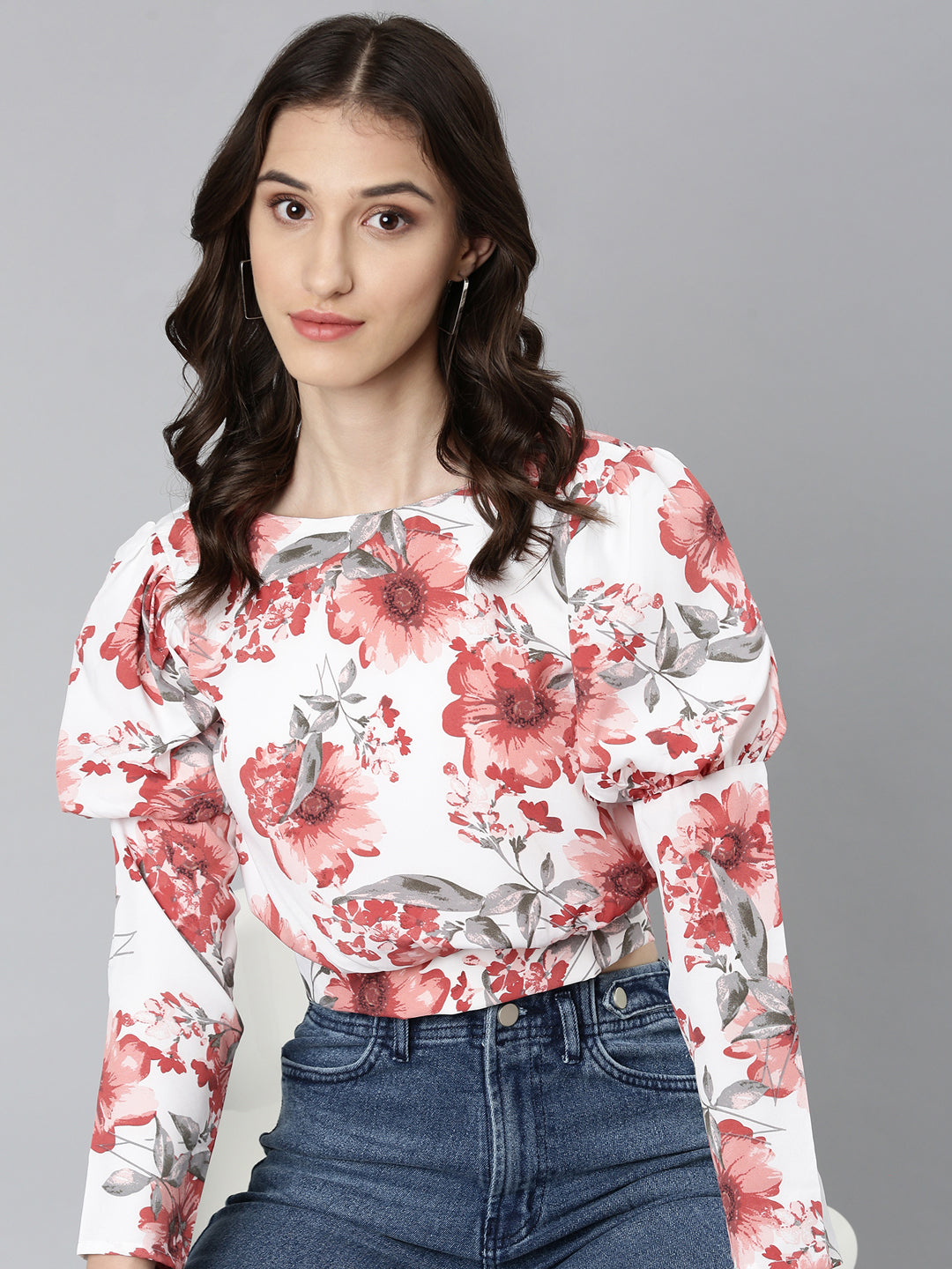 Women's White Floral Printed Blouson Crop Top