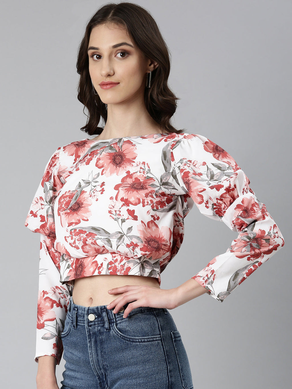 Women's White Floral Printed Blouson Crop Top