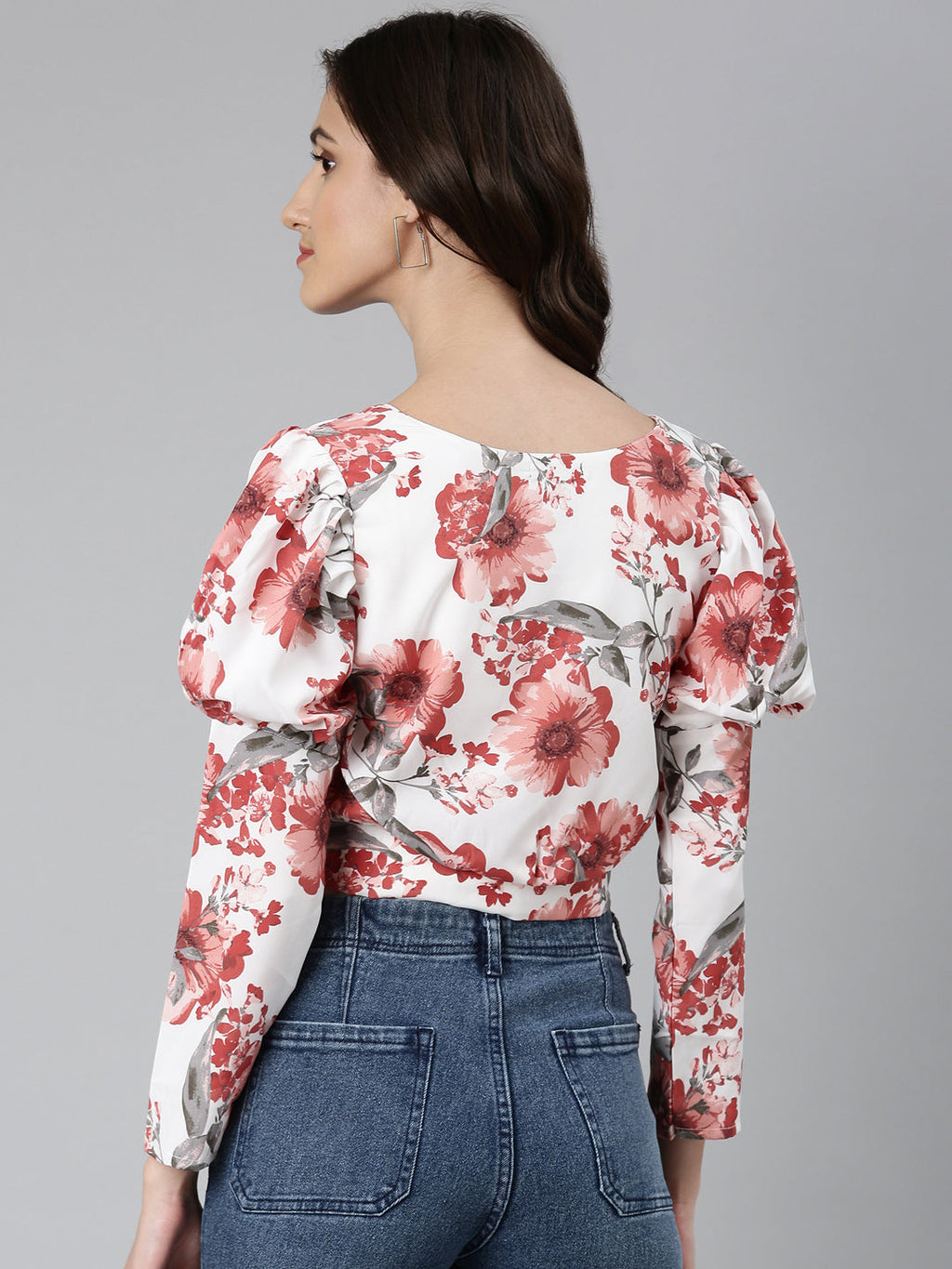 Women's White Floral Printed Blouson Crop Top