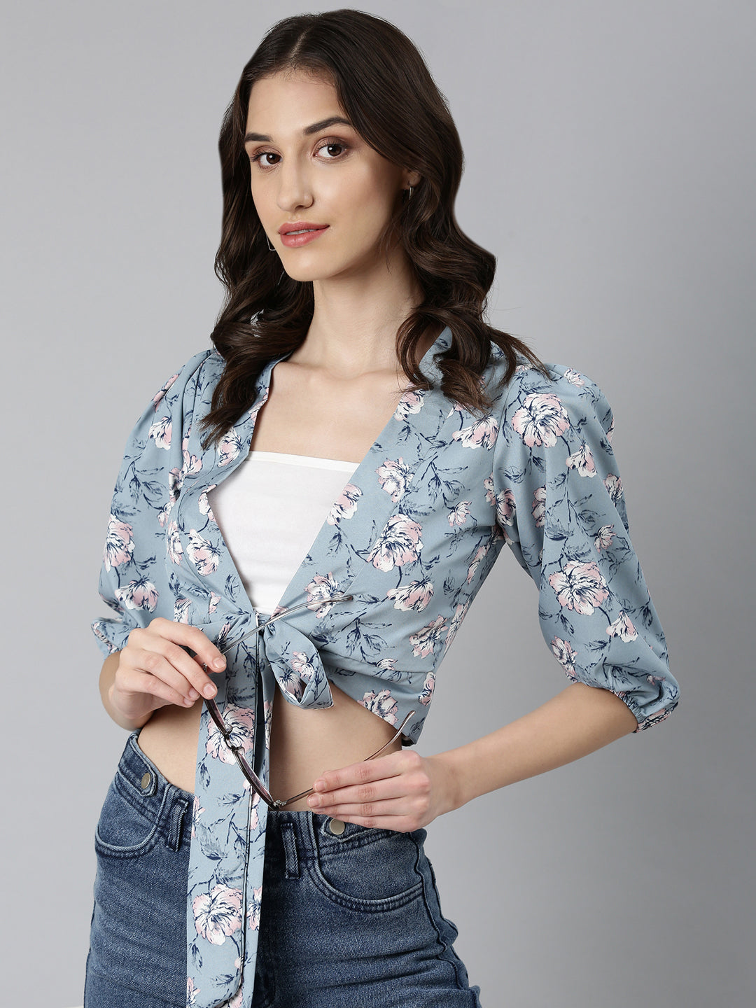 Women's Blue Floral Printed Puffed Sleeves Tie-Ups Wrap Crop Top