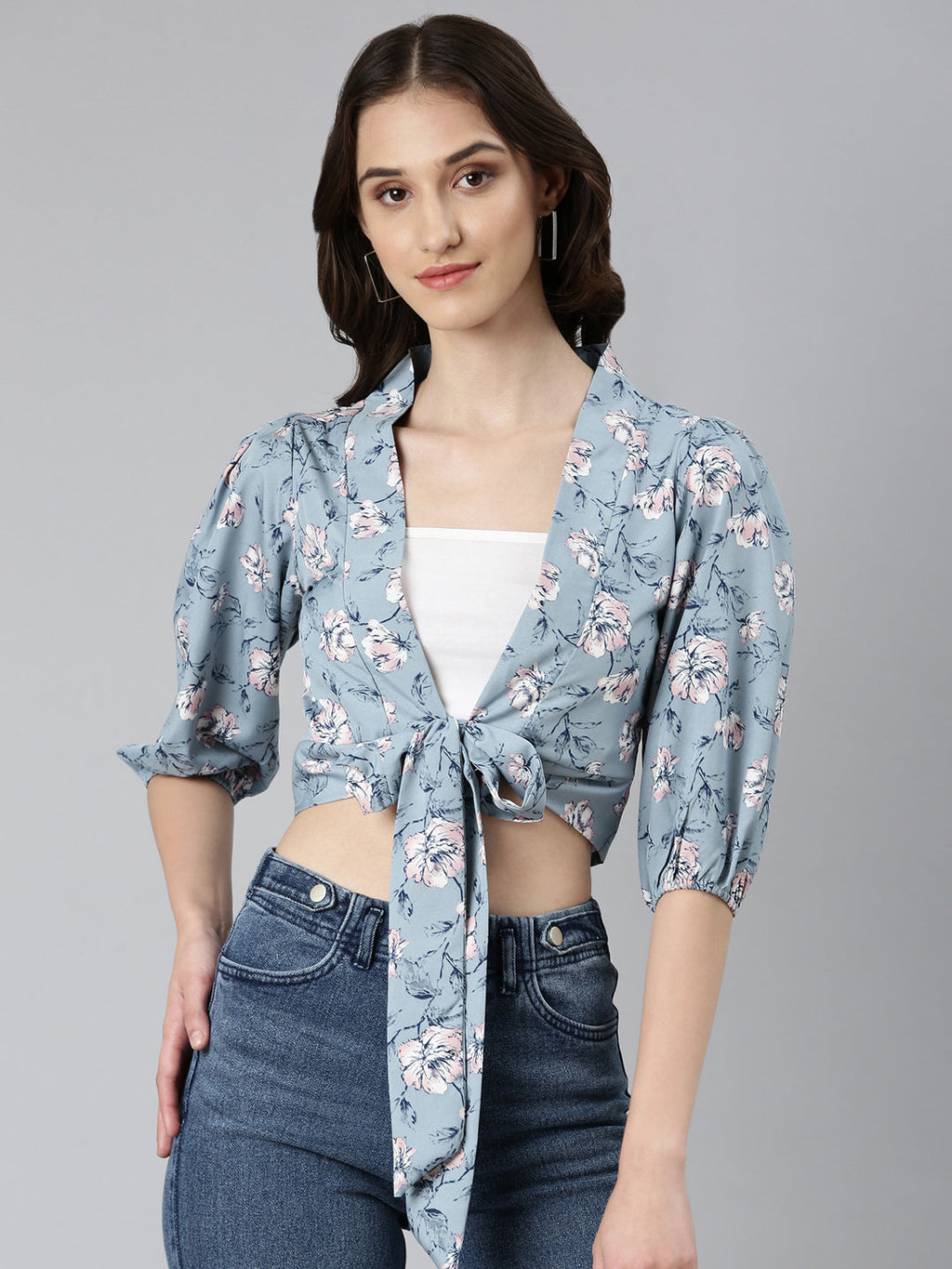 Women's Blue Floral Printed Puffed Sleeves Tie-Ups Wrap Crop Top