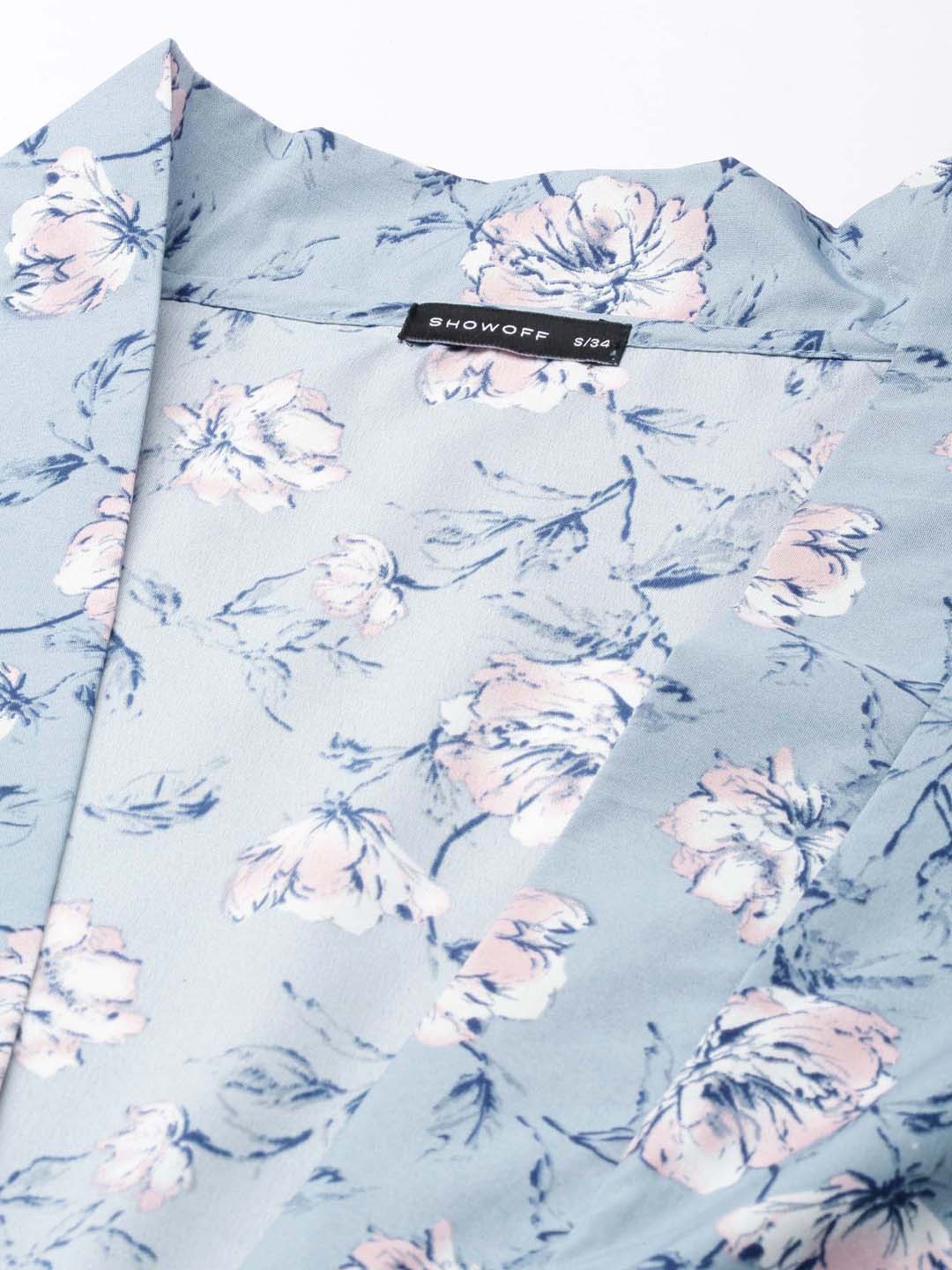 Women's Blue Floral Printed Puffed Sleeves Tie-Ups Wrap Crop Top