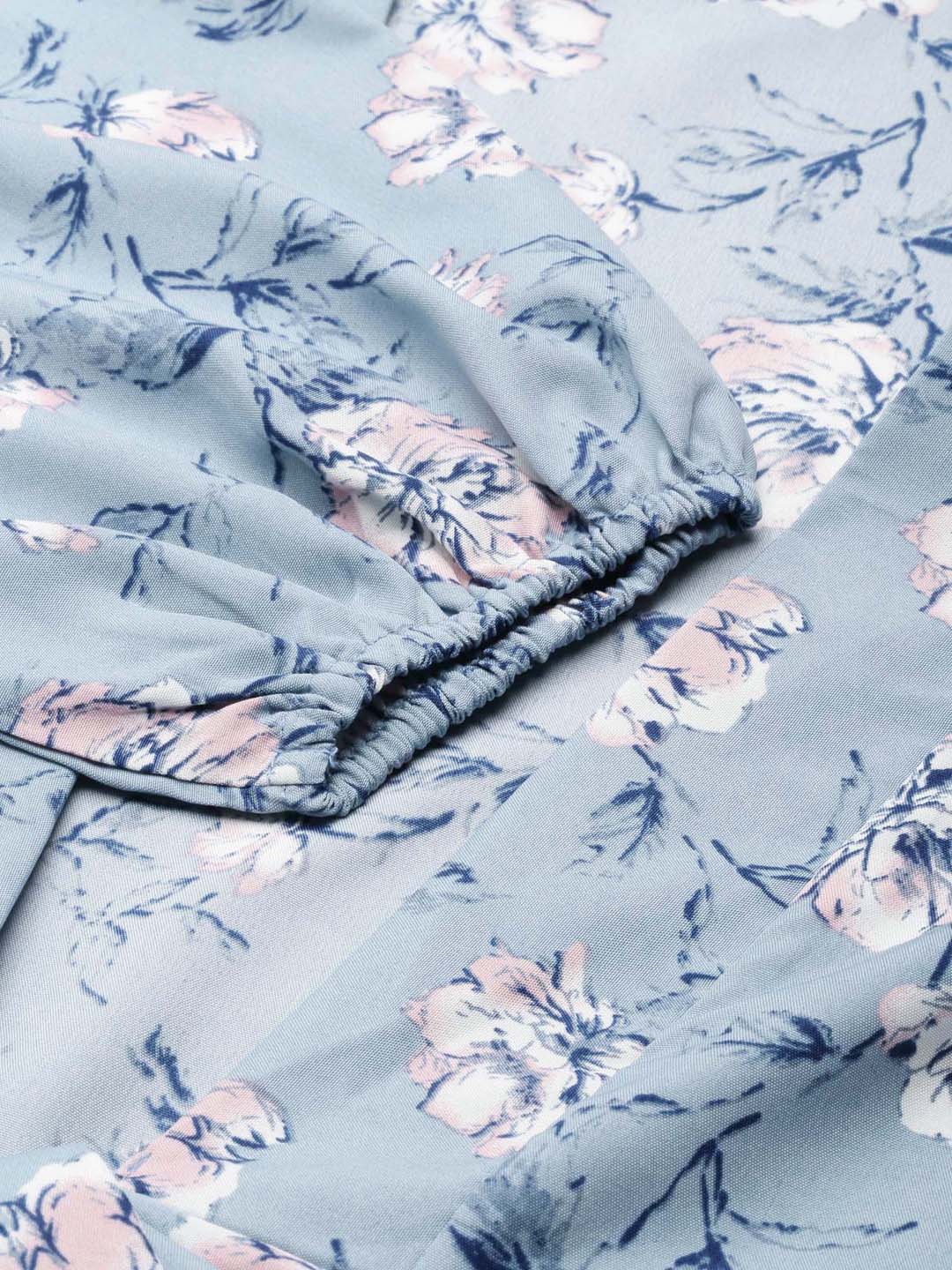 Women's Blue Floral Printed Puffed Sleeves Tie-Ups Wrap Crop Top