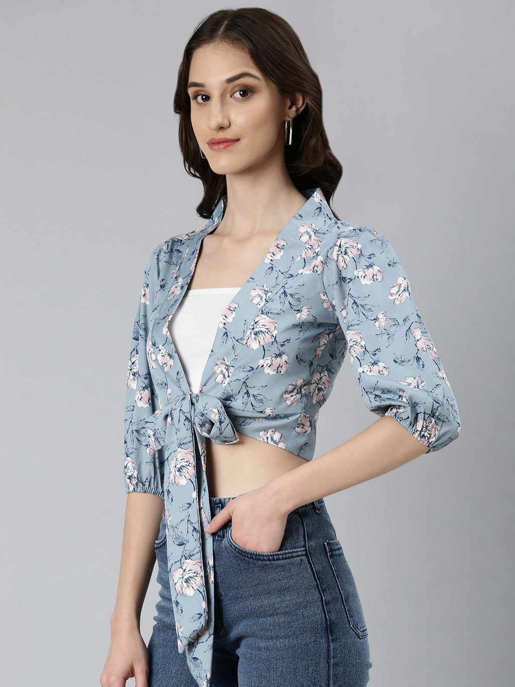 Women's Blue Floral Printed Puffed Sleeves Tie-Ups Wrap Crop Top