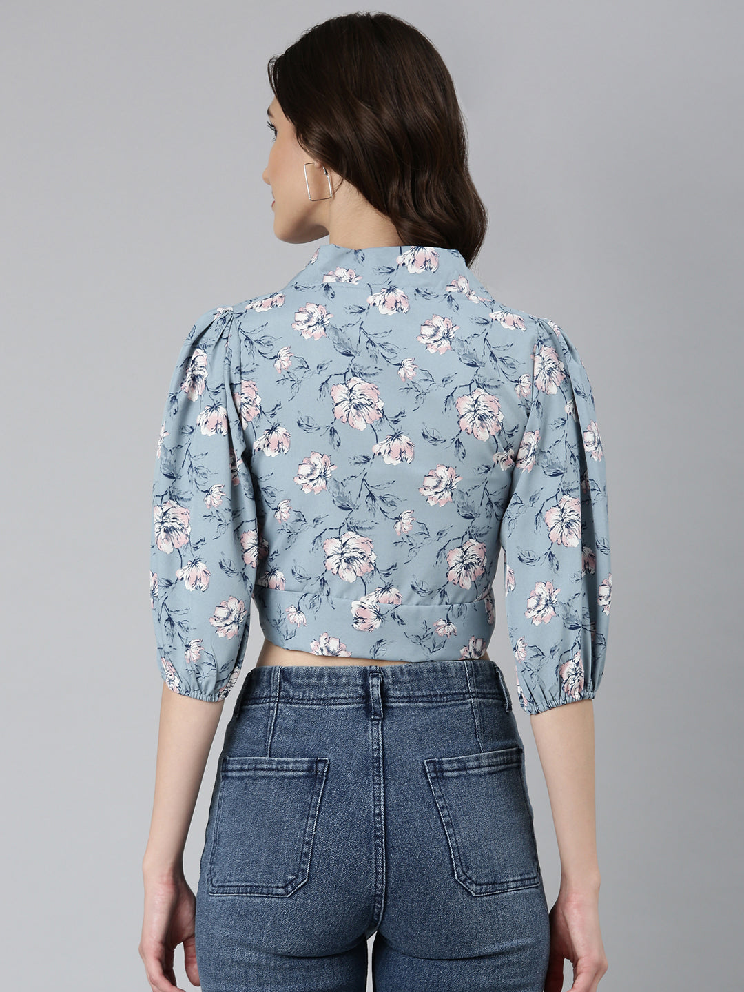 Women's Blue Floral Printed Puffed Sleeves Tie-Ups Wrap Crop Top
