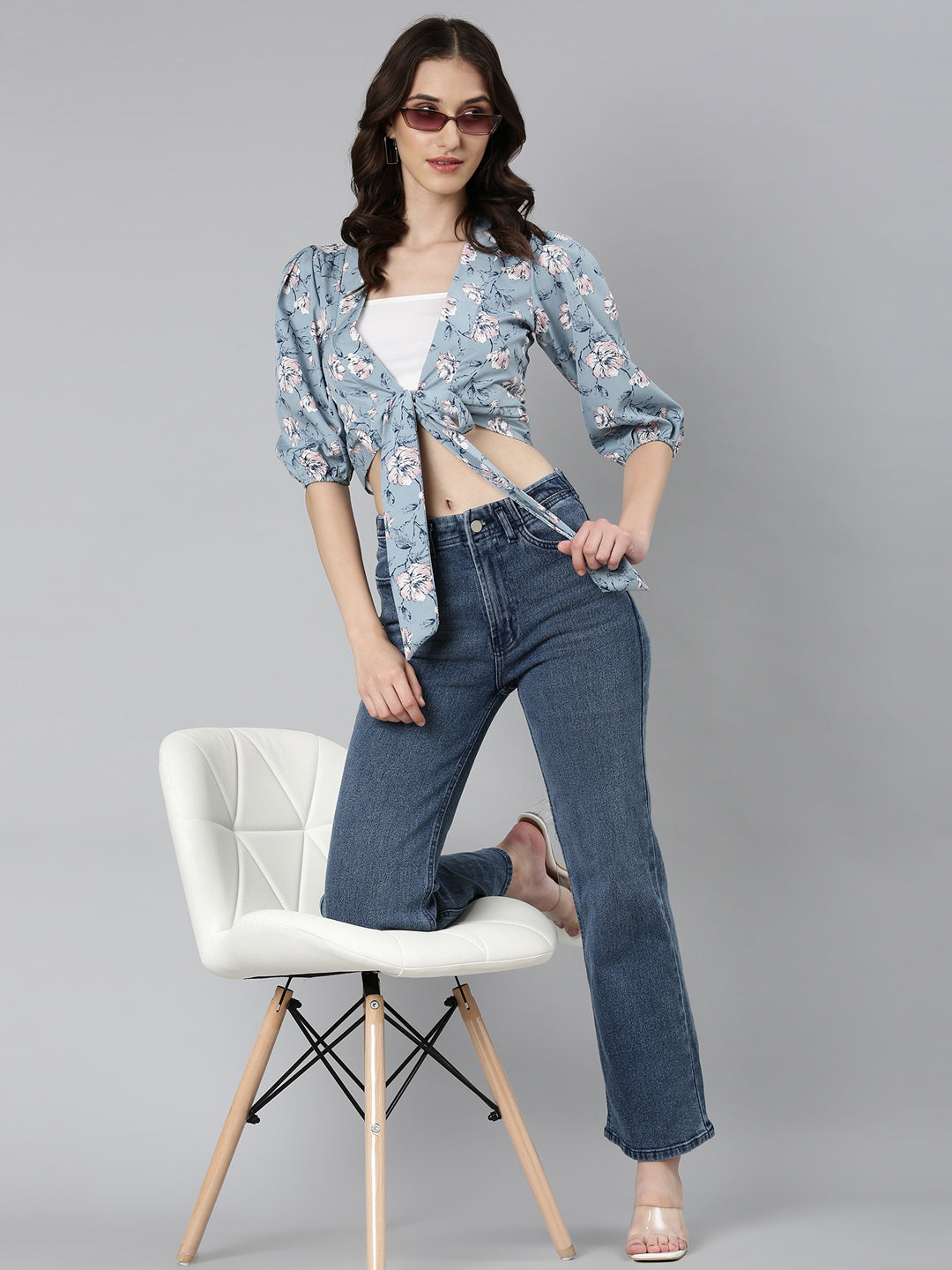 Women's Blue Floral Printed Puffed Sleeves Tie-Ups Wrap Crop Top