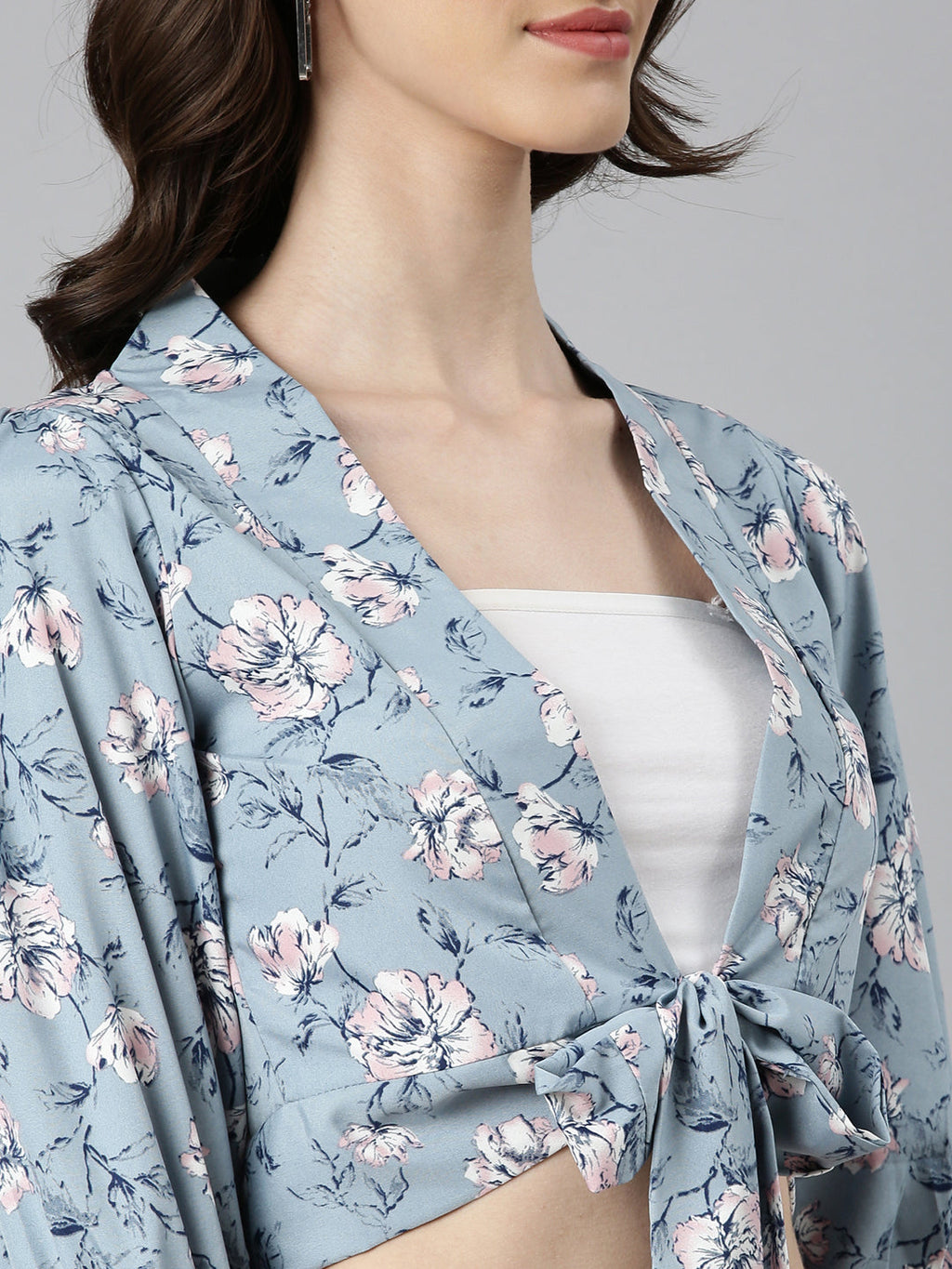 Women's Blue Floral Printed Puffed Sleeves Tie-Ups Wrap Crop Top