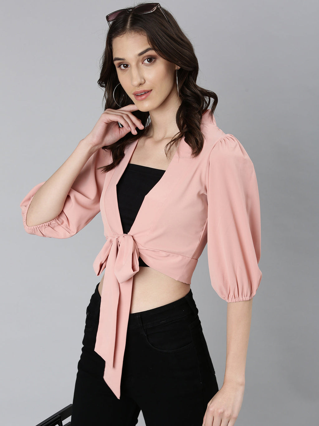 Women's Peach Puffed Sleeves Tie-Ups Crepe Wrap Crop Top