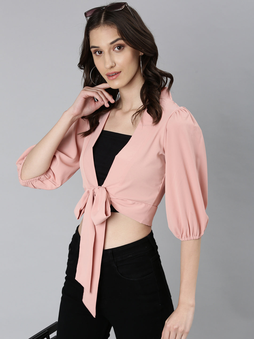 Women's Peach Puffed Sleeves Tie-Ups Crepe Wrap Crop Top