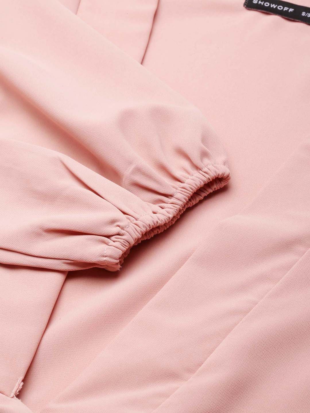 Women's Peach Puffed Sleeves Tie-Ups Crepe Wrap Crop Top