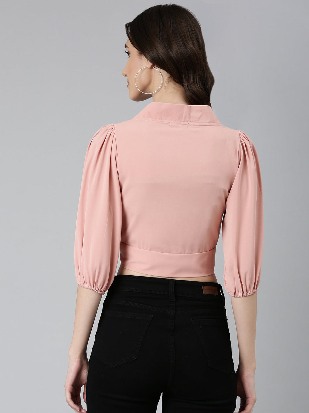 Women's Peach Puffed Sleeves Tie-Ups Crepe Wrap Crop Top