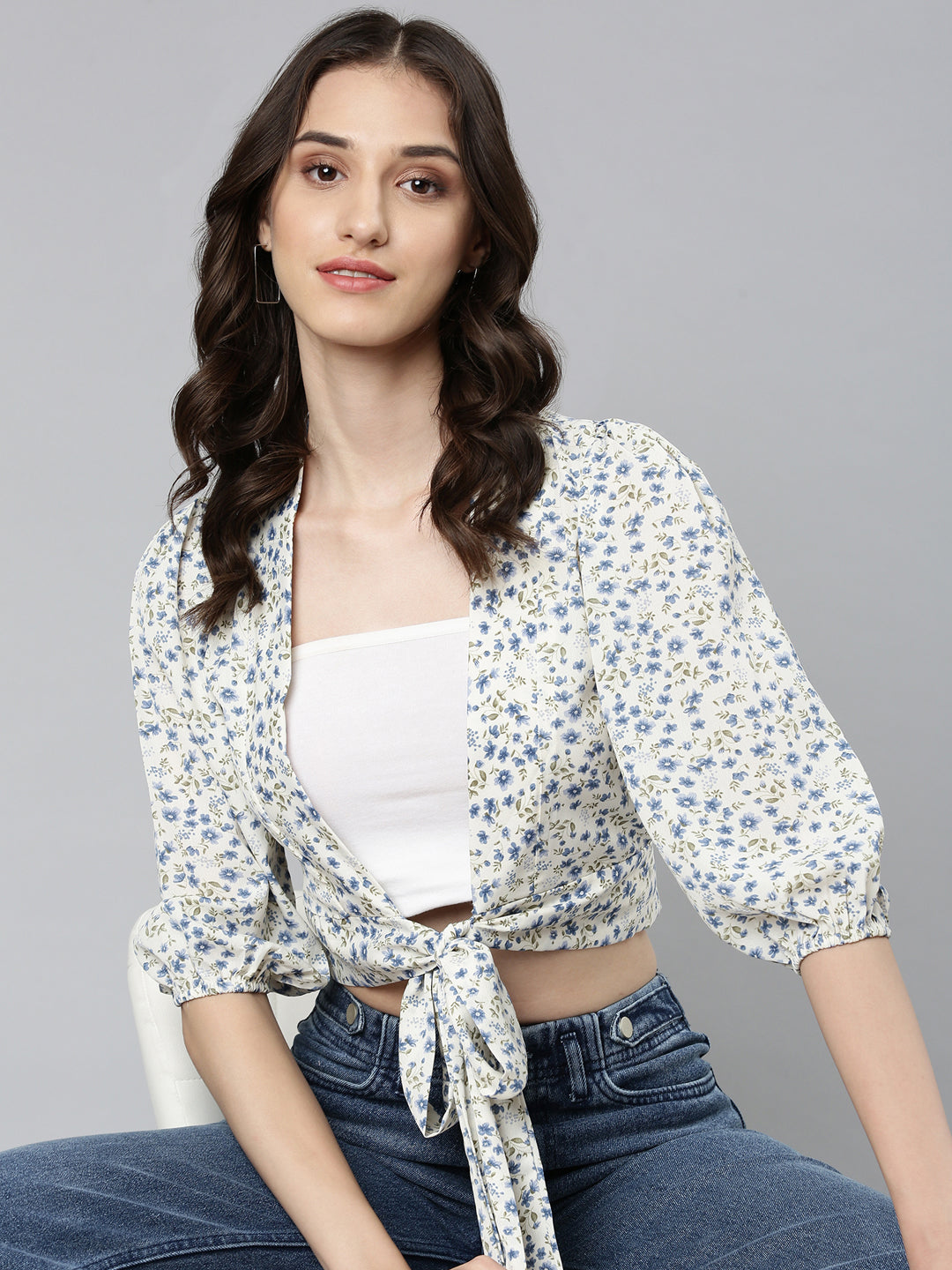 Women's Cream Floral Printed Puffed Sleeves Tie-Ups Crepe Wrap Crop Top