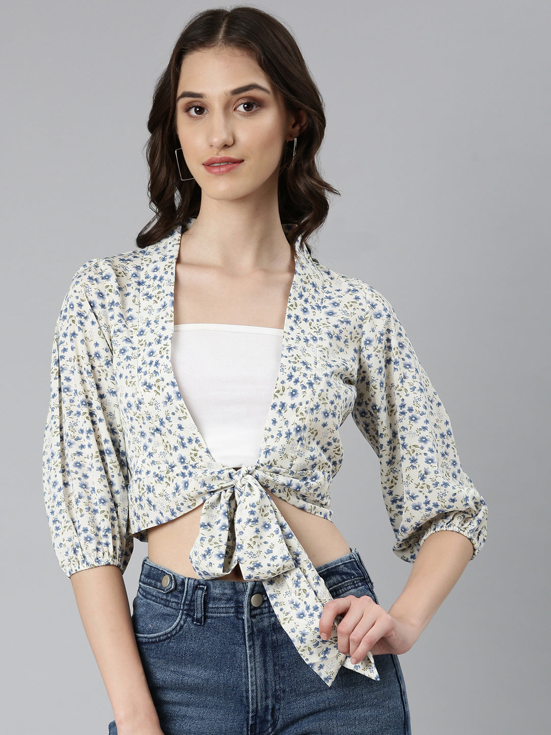 Women's Cream Floral Printed Puffed Sleeves Tie-Ups Crepe Wrap Crop Top