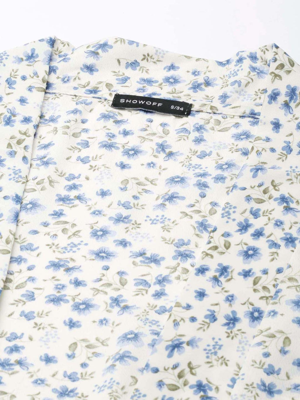 Women's Cream Floral Printed Puffed Sleeves Tie-Ups Crepe Wrap Crop Top