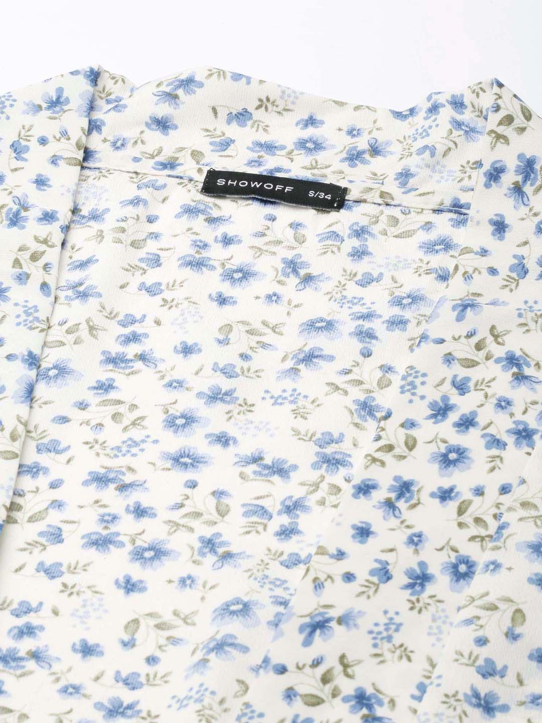 Women's Cream Floral Printed Puffed Sleeves Tie-Ups Crepe Wrap Crop Top