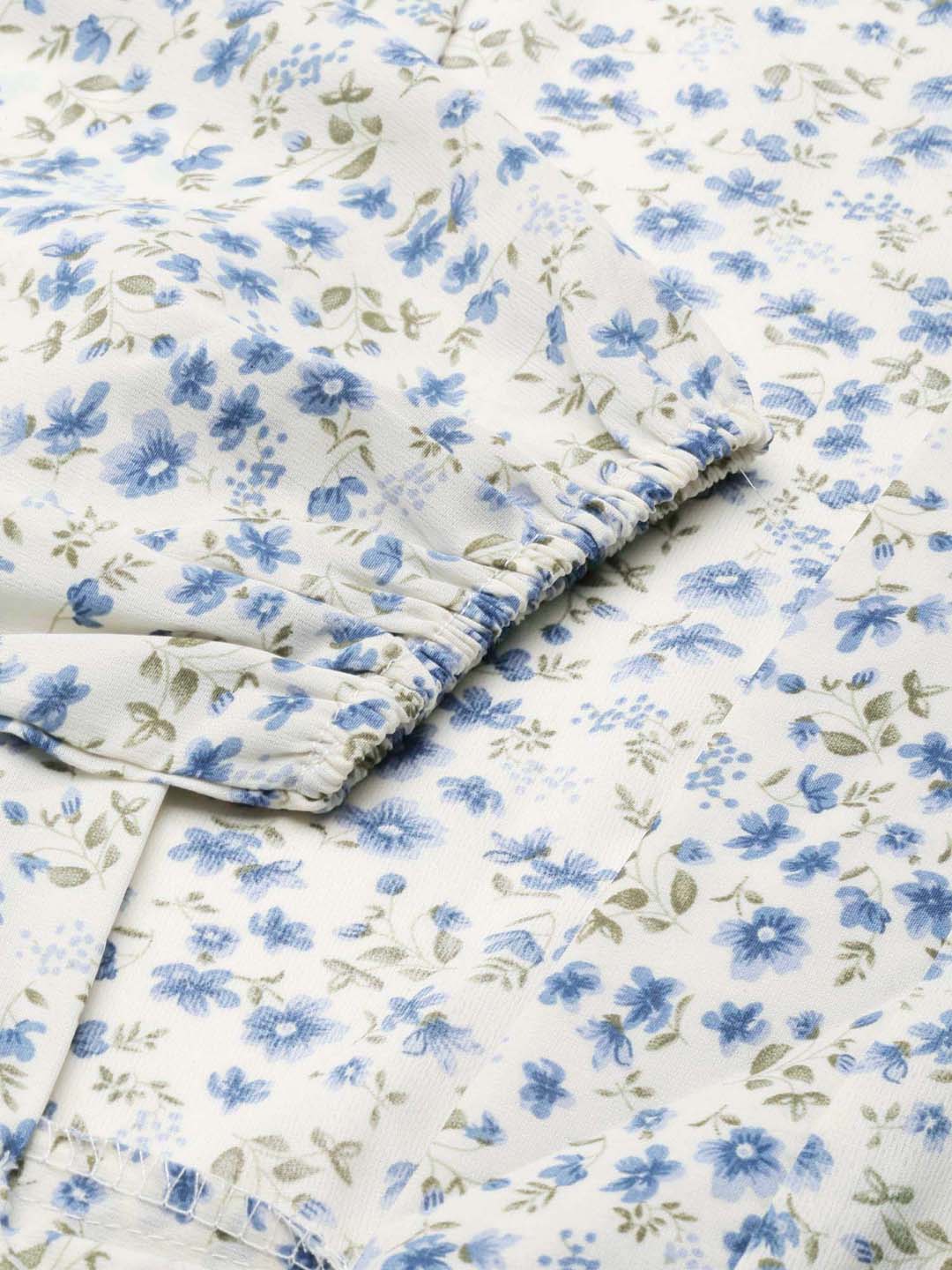 Women's Cream Floral Printed Puffed Sleeves Tie-Ups Crepe Wrap Crop Top