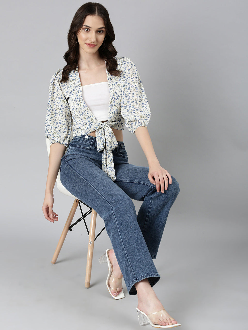 Women's Cream Floral Printed Puffed Sleeves Tie-Ups Crepe Wrap Crop Top