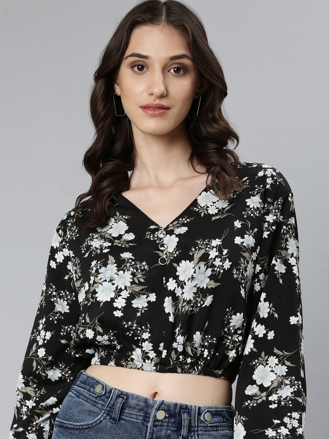 Women's Black Floral Printed Flared Sleeves Blouson Crop Top