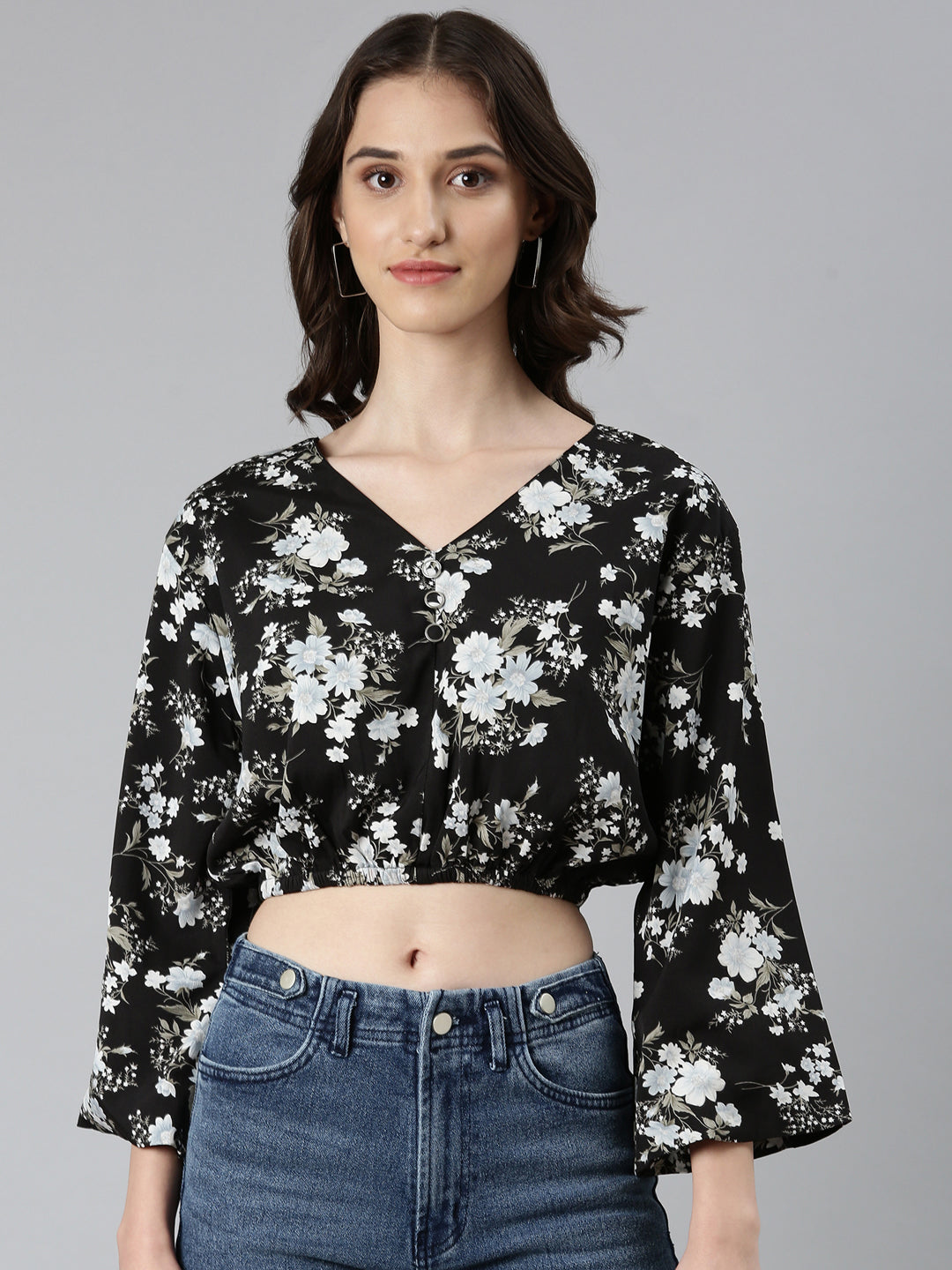 Women's Black Floral Printed Flared Sleeves Blouson Crop Top