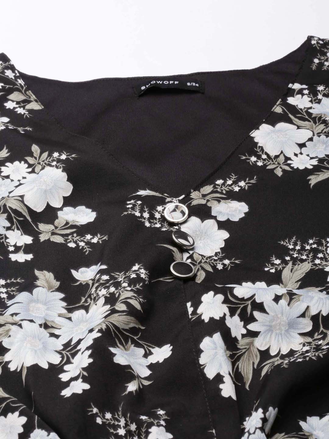 Women's Black Floral Printed Flared Sleeves Blouson Crop Top