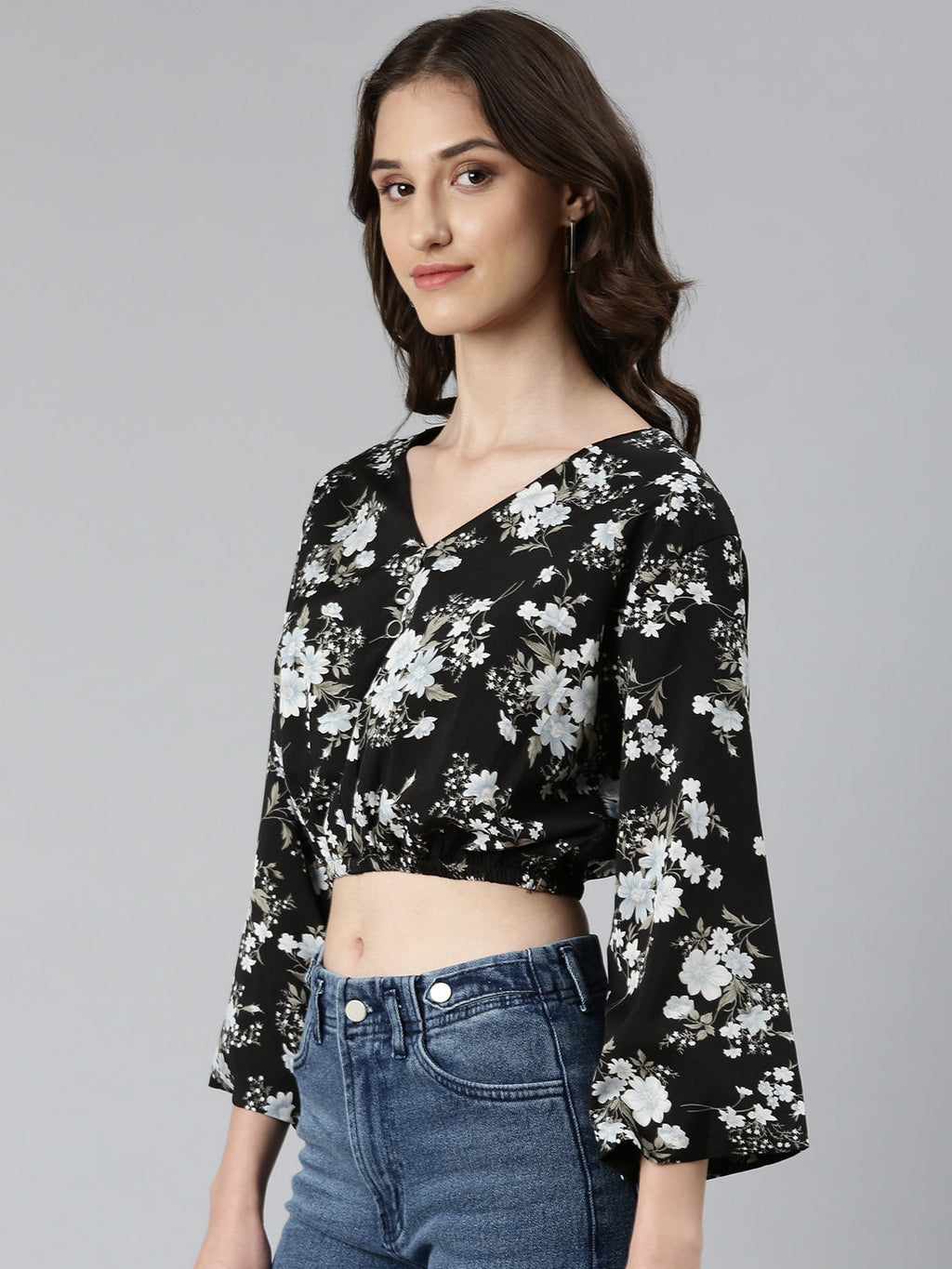 Women's Black Floral Printed Flared Sleeves Blouson Crop Top