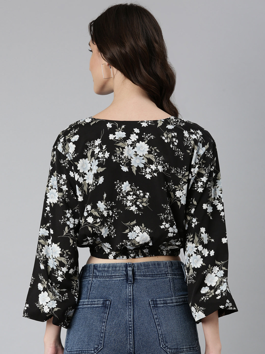 Women's Black Floral Printed Flared Sleeves Blouson Crop Top
