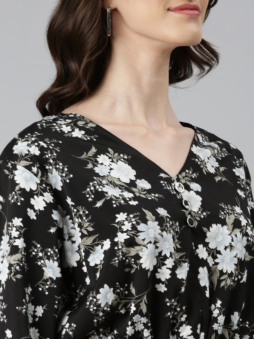 Women's Black Floral Printed Flared Sleeves Blouson Crop Top