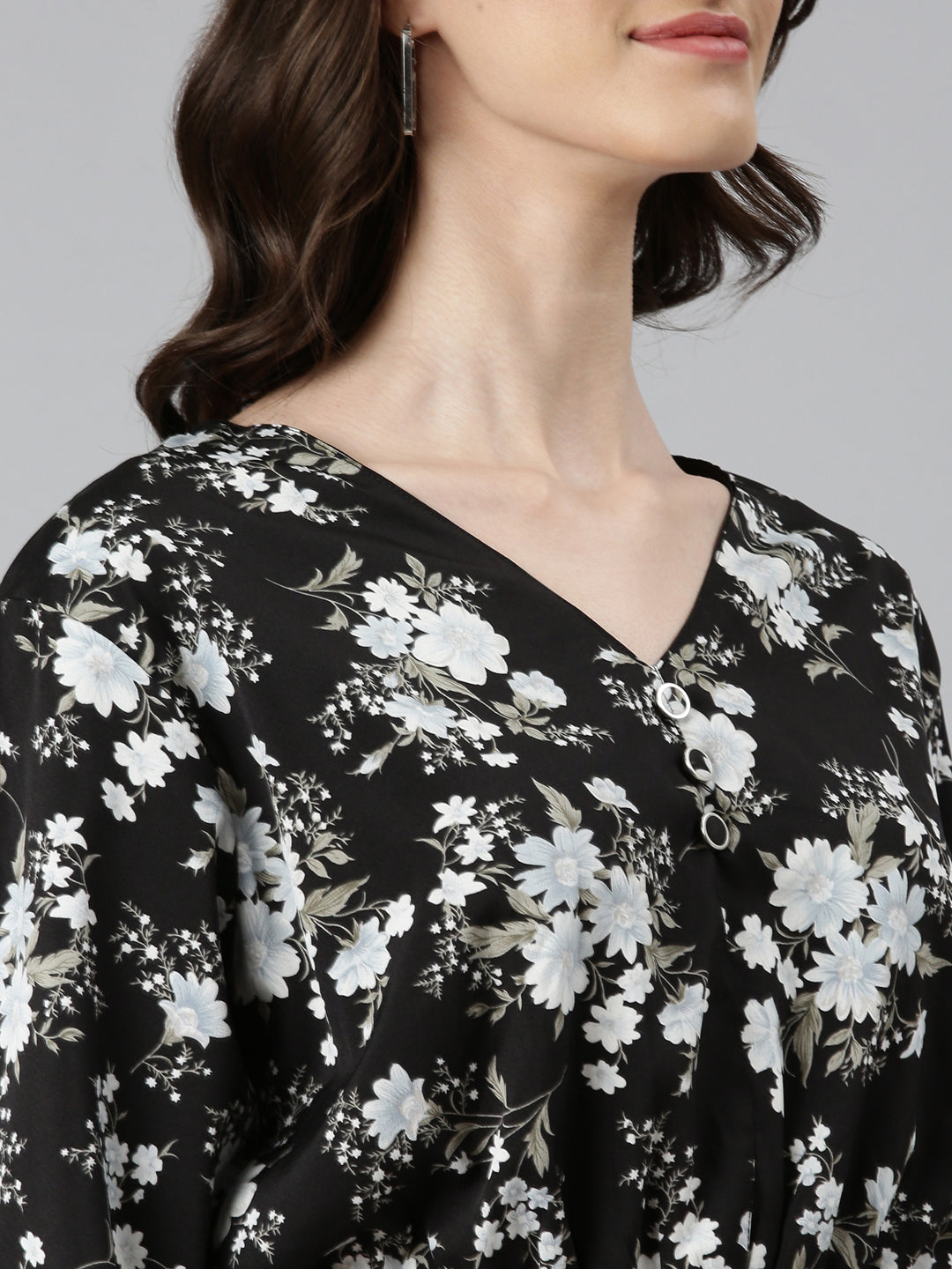 Women's Black Floral Printed Flared Sleeves Blouson Crop Top