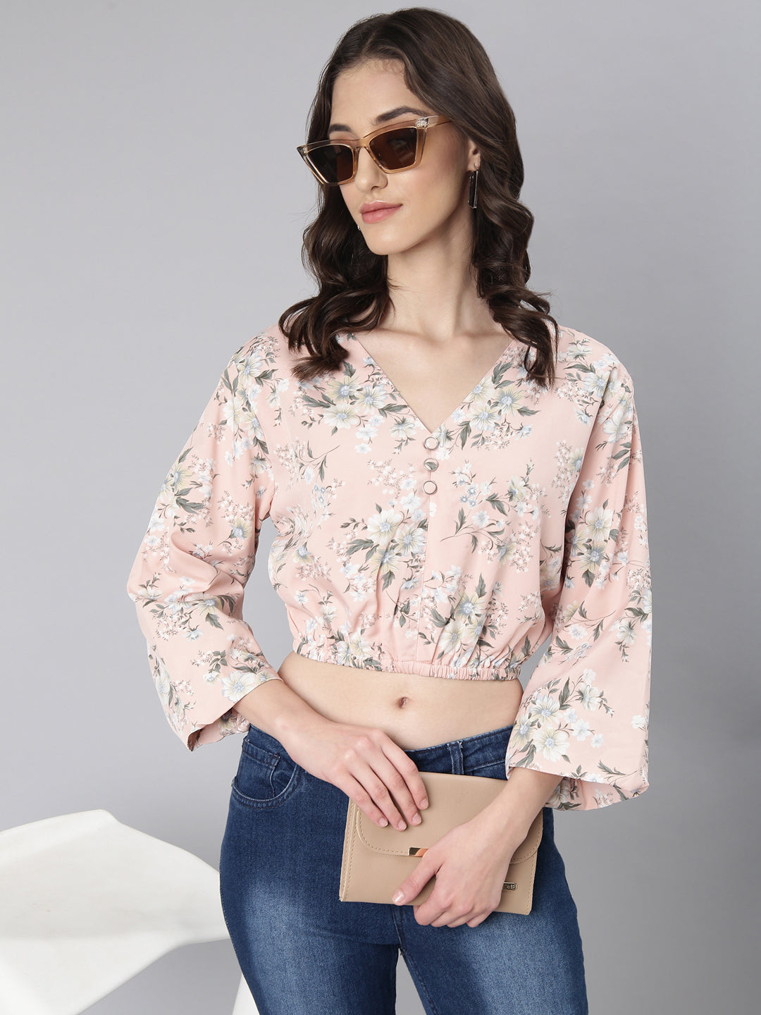 Women's Peach Floral Printed Blouson Crop Top