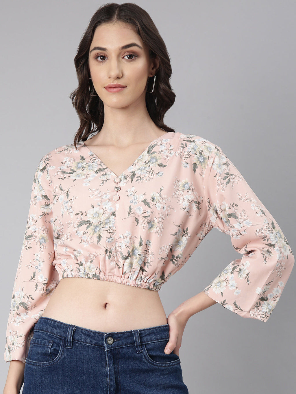 Women's Peach Floral Printed Blouson Crop Top