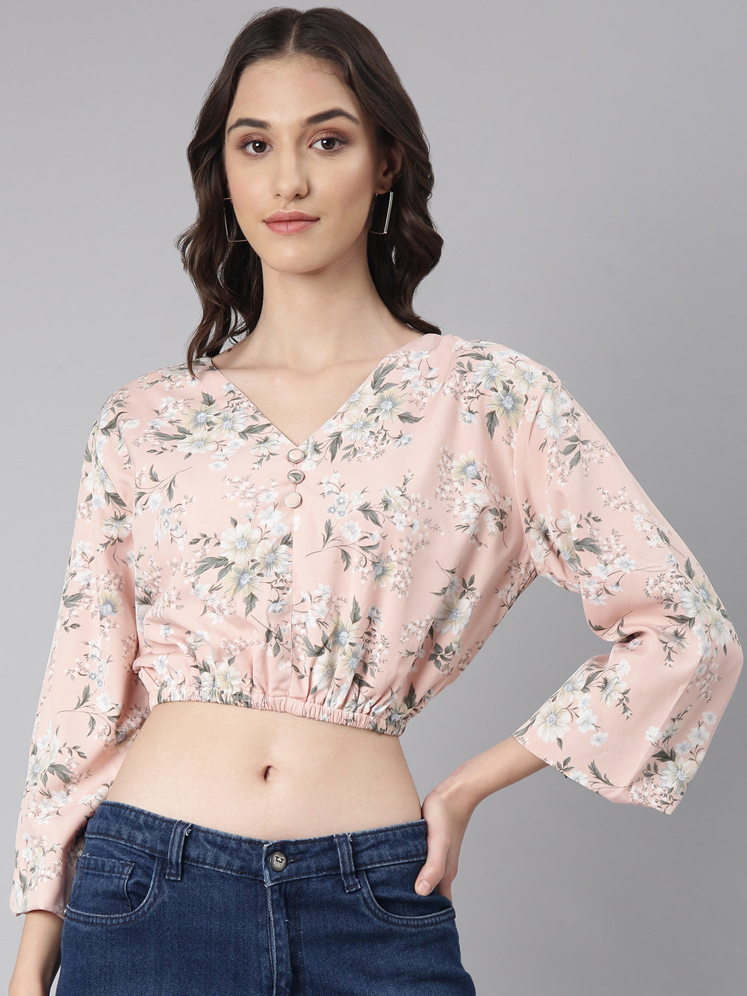 Women's Peach Floral Printed Blouson Crop Top