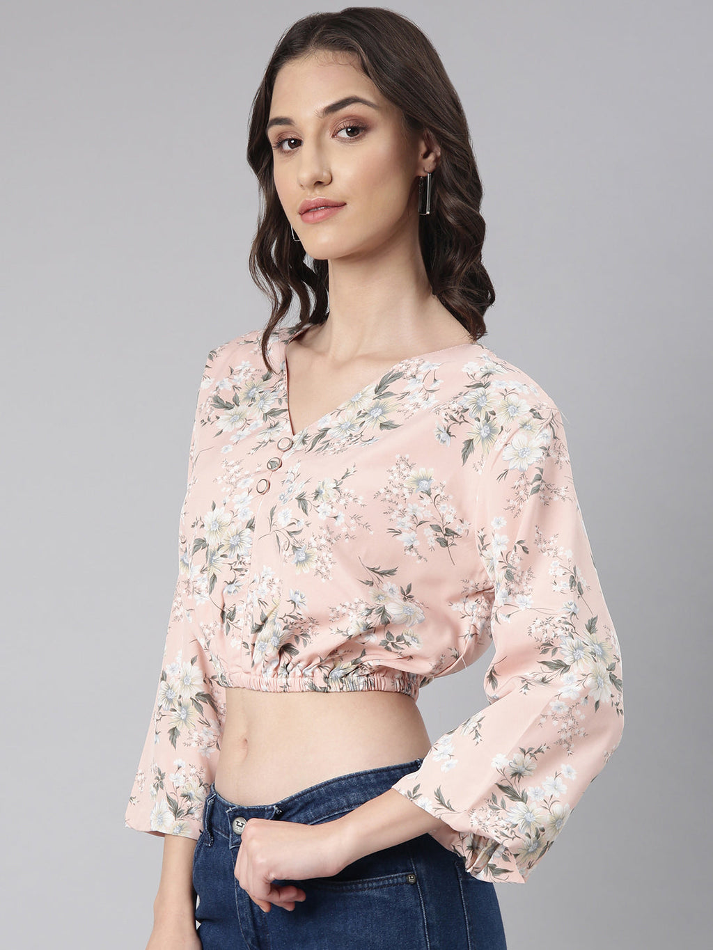 Women's Peach Floral Printed Blouson Crop Top