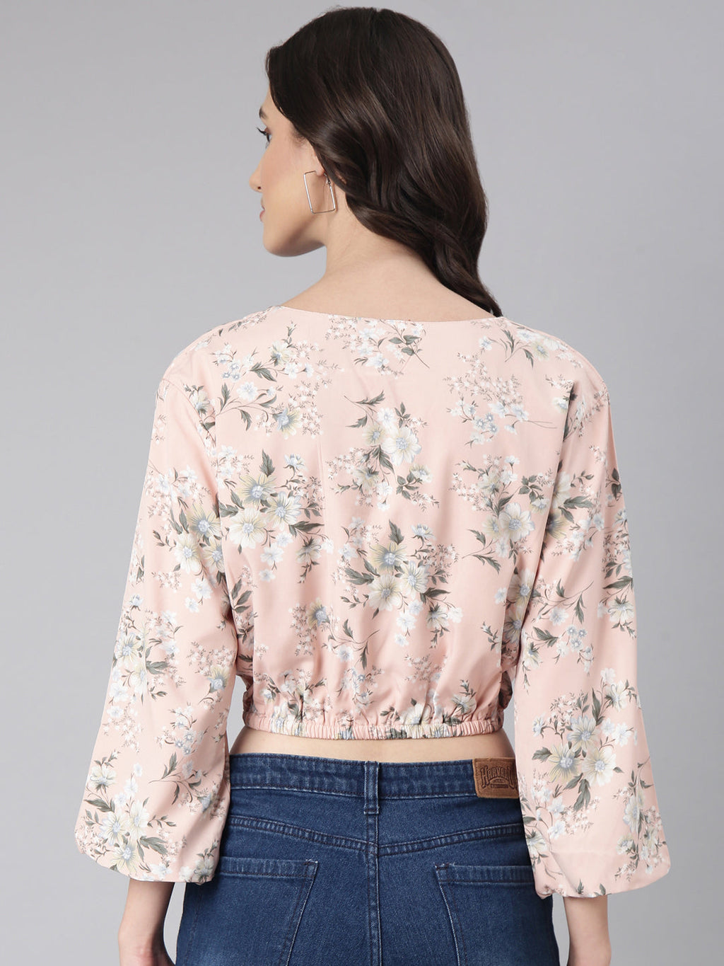 Women's Peach Floral Printed Blouson Crop Top