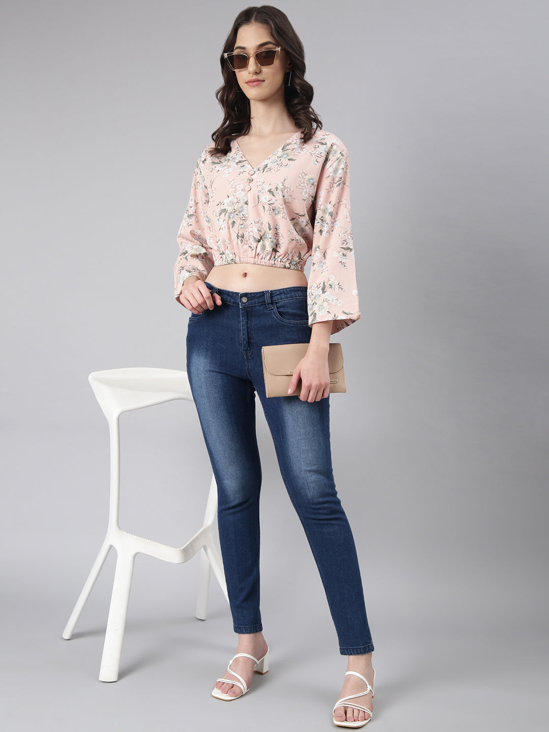 Women's Peach Floral Printed Blouson Crop Top