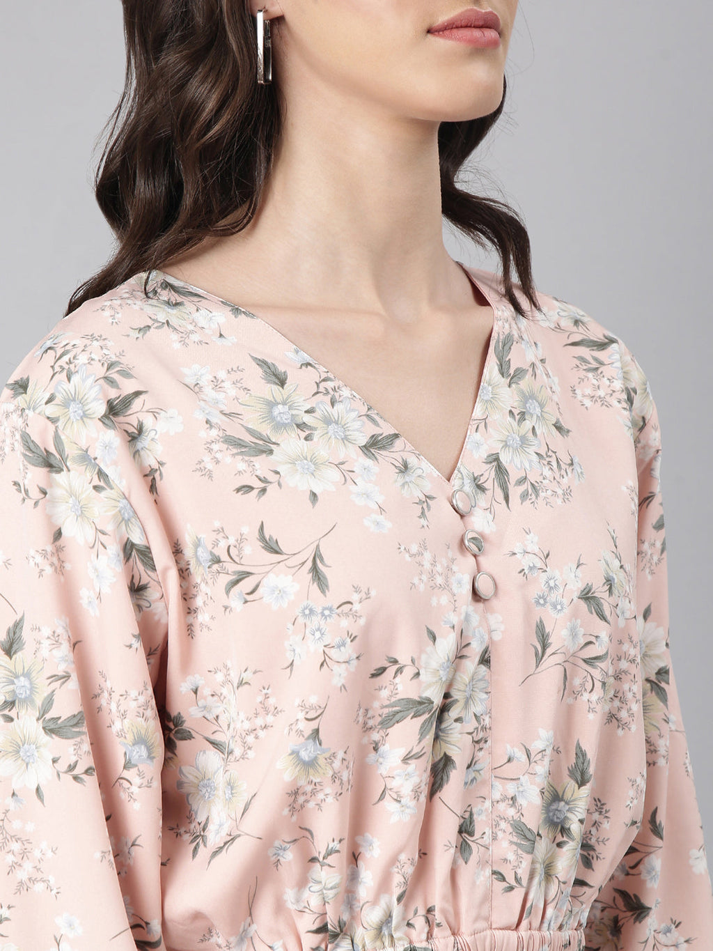 Women's Peach Floral Printed Blouson Crop Top