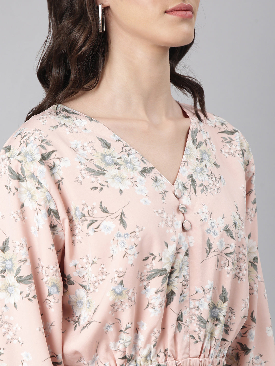 Women's Peach Floral Printed Blouson Crop Top
