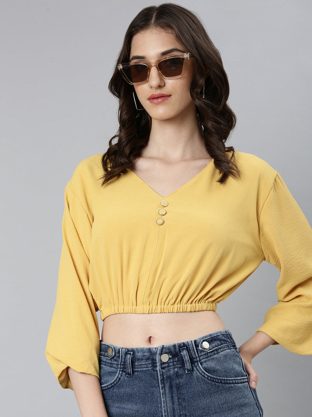 Women's Mustard V-Neck Puff Sleeves Blouson Crop Top