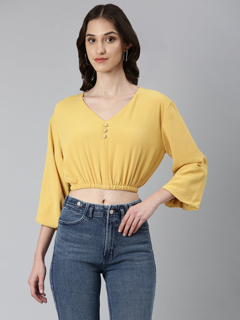 Women's Mustard V-Neck Puff Sleeves Blouson Crop Top