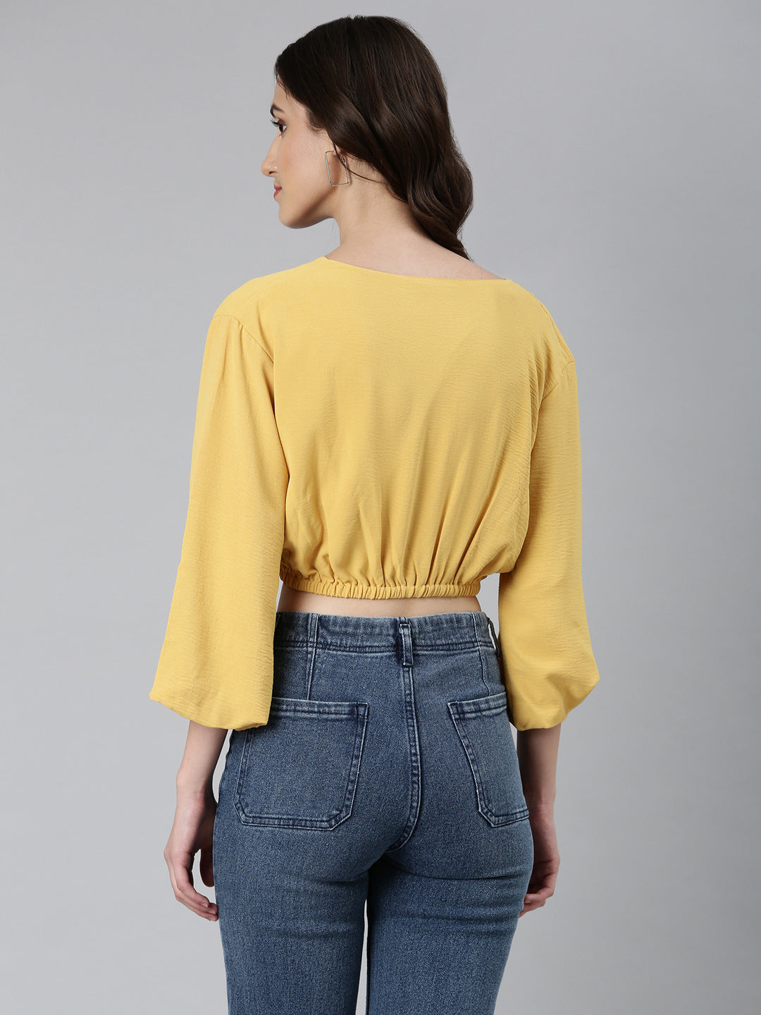 Women's Mustard V-Neck Puff Sleeves Blouson Crop Top