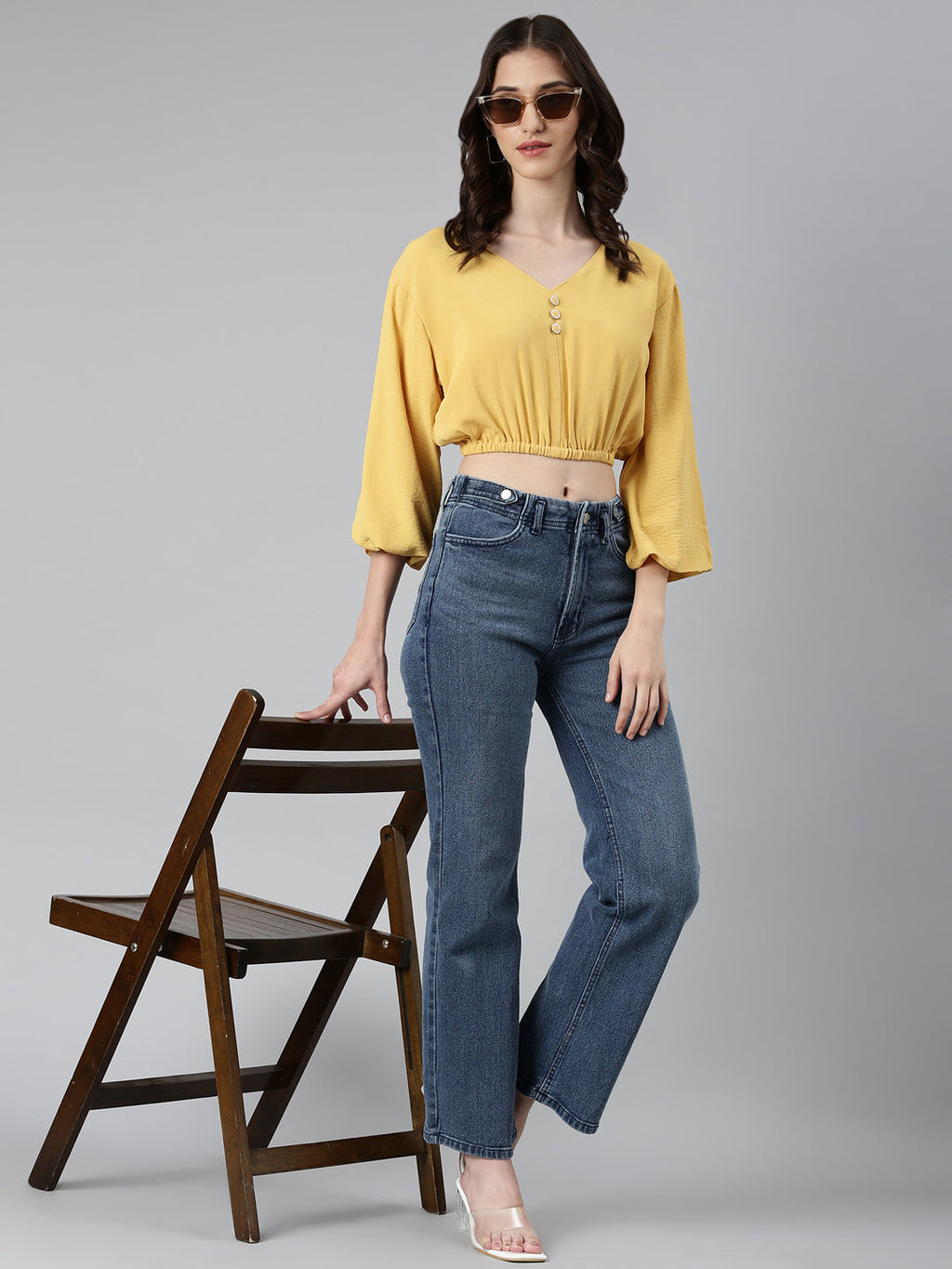 Women's Mustard V-Neck Puff Sleeves Blouson Crop Top